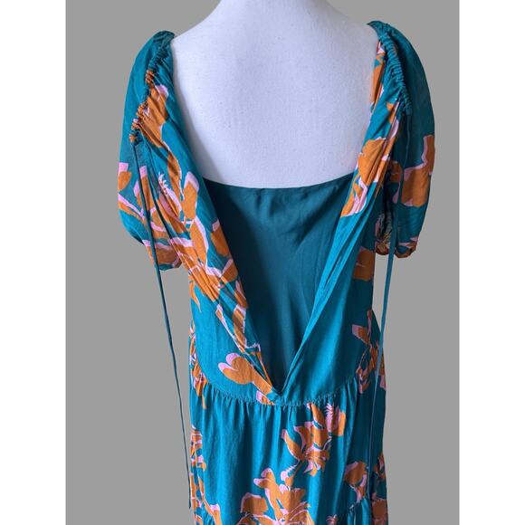 La Ligne New York Tiered Floral Maxi Dress XL Teal Cotton Silk Blend Puff Sleeve - Picture 3 of 7